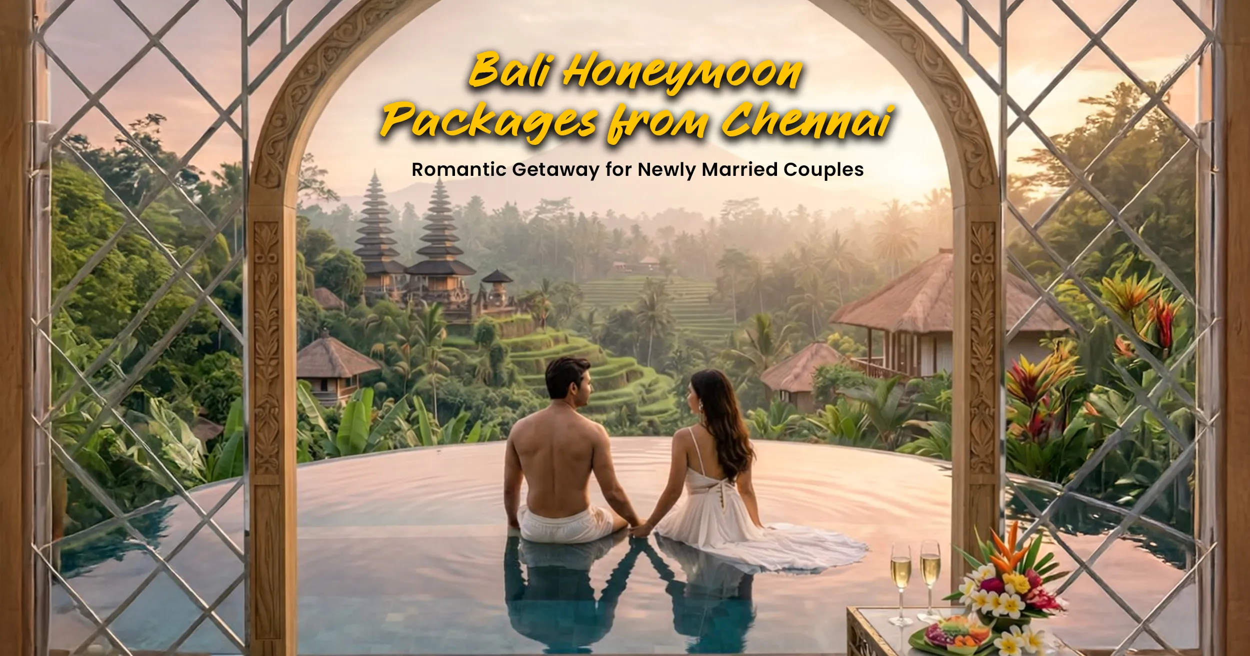 A romantic couple enjoying a private infinity pool view of Bali’s rice terraces at sunrise, illustrative of a Bali honeymoon package from Chennai.