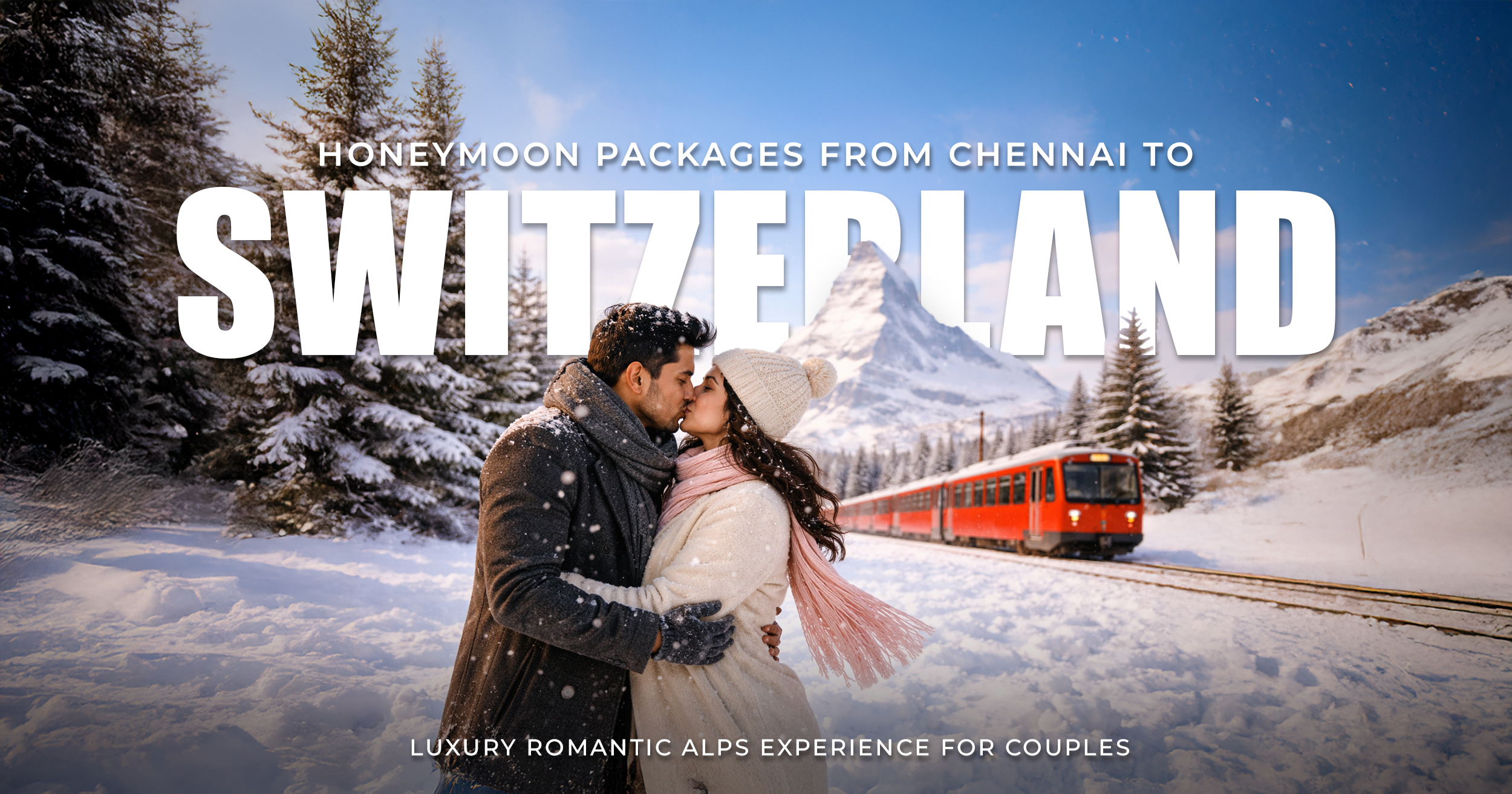 A tender, romantic moment on a Swiss Alps train, capturing two couples in an intimate kiss, sharing the joy of their luxury honeymoon journey.